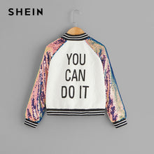 Load image into Gallery viewer, SHEIN Kiddie Sequin Raglan Sleeve Zipper Slogan Letter Print Girls Jacket