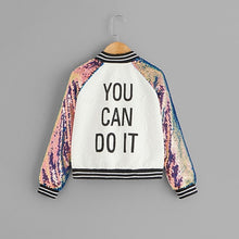 Load image into Gallery viewer, SHEIN Kiddie Sequin Raglan Sleeve Zipper Slogan Letter Print Girls Jacket