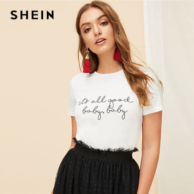 SHEIN White Slogan Letter Print Solid Slim Fitted Tee Short Sleeve Round