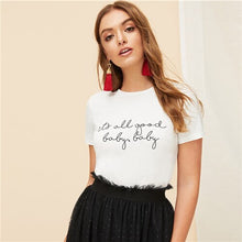 Load image into Gallery viewer, SHEIN White Slogan Letter Print Solid Slim Fitted Tee Short Sleeve Round