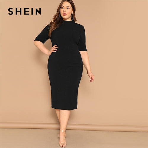 SHEIN Classy Black Plus Size Mock-neck Solid Pencil Slim Dress Women Spring Office Lady Bodycon Basics Plus Size Long Dresses