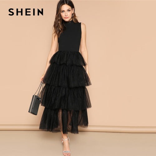SHEIN Glamorous Black Mixed Media Layered Contrast Mesh Ruffle Long Dress Elegant Mock-neck Sleeveless 2019 Spring Dresses