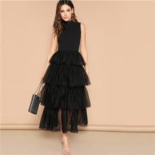 Load image into Gallery viewer, SHEIN Glamorous Black Mixed Media Layered Contrast Mesh Ruffle Long Dress Elegant Mock-neck Sleeveless 2019 Spring Dresses