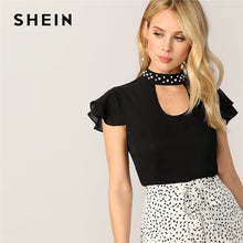 Load image into Gallery viewer, SHEIN Black Elegant Pearl Beaded Choker Neck Layered Ruffle Sleeve Blouse