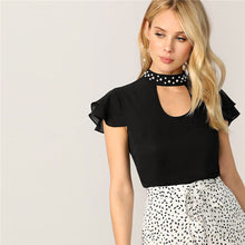 Load image into Gallery viewer, SHEIN Black Elegant Pearl Beaded Choker Neck Layered Ruffle Sleeve Blouse