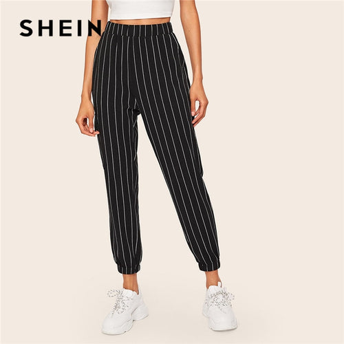 SHEIN Slant Pocket Vertical Striped Pants Women Spring Casual Elastic Waist Trousers Black Regular Mid Waist Streetwear Pants