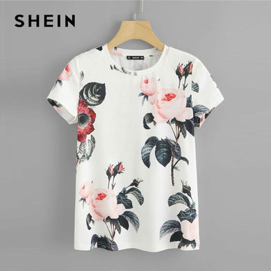 SHEIN Flower Print Round Neck T shirt Women 2019 Weekend Casual