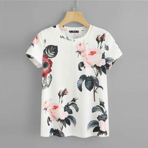 SHEIN Flower Print Round Neck T shirt Women 2019 Weekend Casual