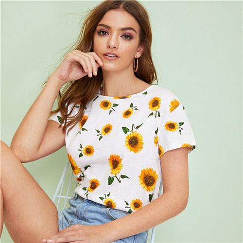 SHEIN Sunflower Print Top Women Clothing 2019 Casual White Summer